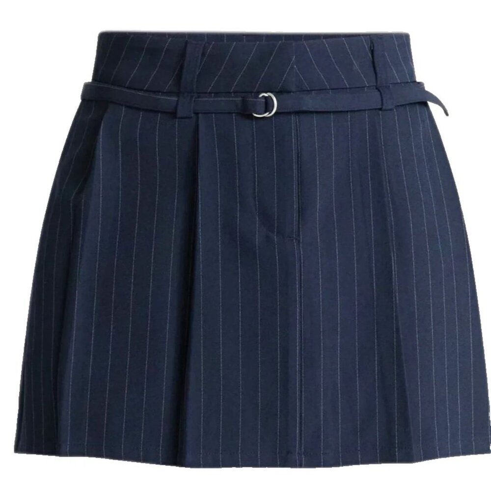 No Boundaries Womens S 4-6 Navy Pinstripe Pleated Belted Mini Skirt NWT
